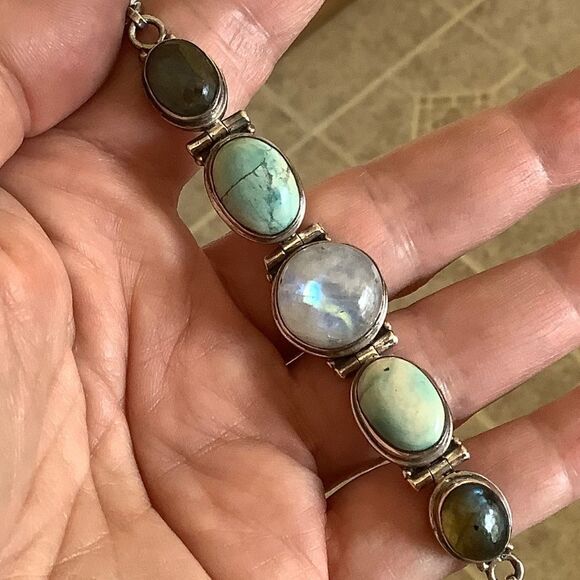 sterling SILVER VINTAGE MOON/LABRADORITE/LARIMAR STONE BRACELET - Picture 5 of 10